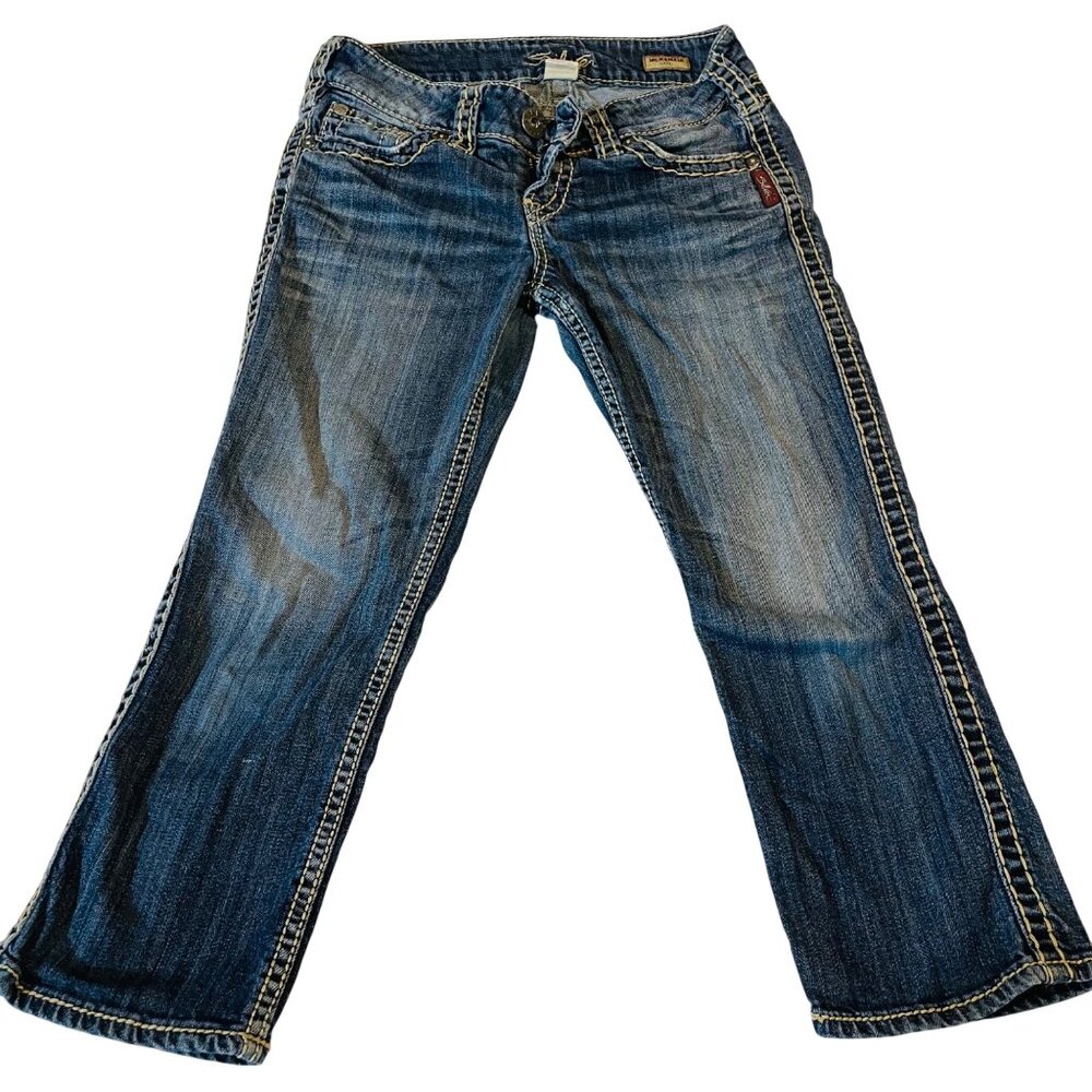 Womens Silver Capri Jeans Suki Distressed Blue Wash Size 26